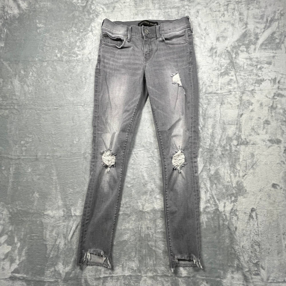 Express Jeans Women 2R Grey Distressed Performance Stretch Mid Rise Skinny - Picture 1 of 13